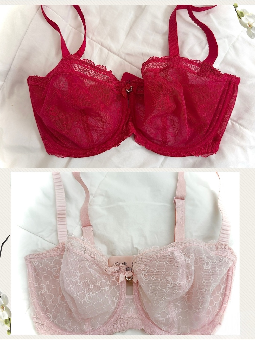“2” Like New Chantelle Pink/Red Underwire No Lining Logo Bras 34DDD